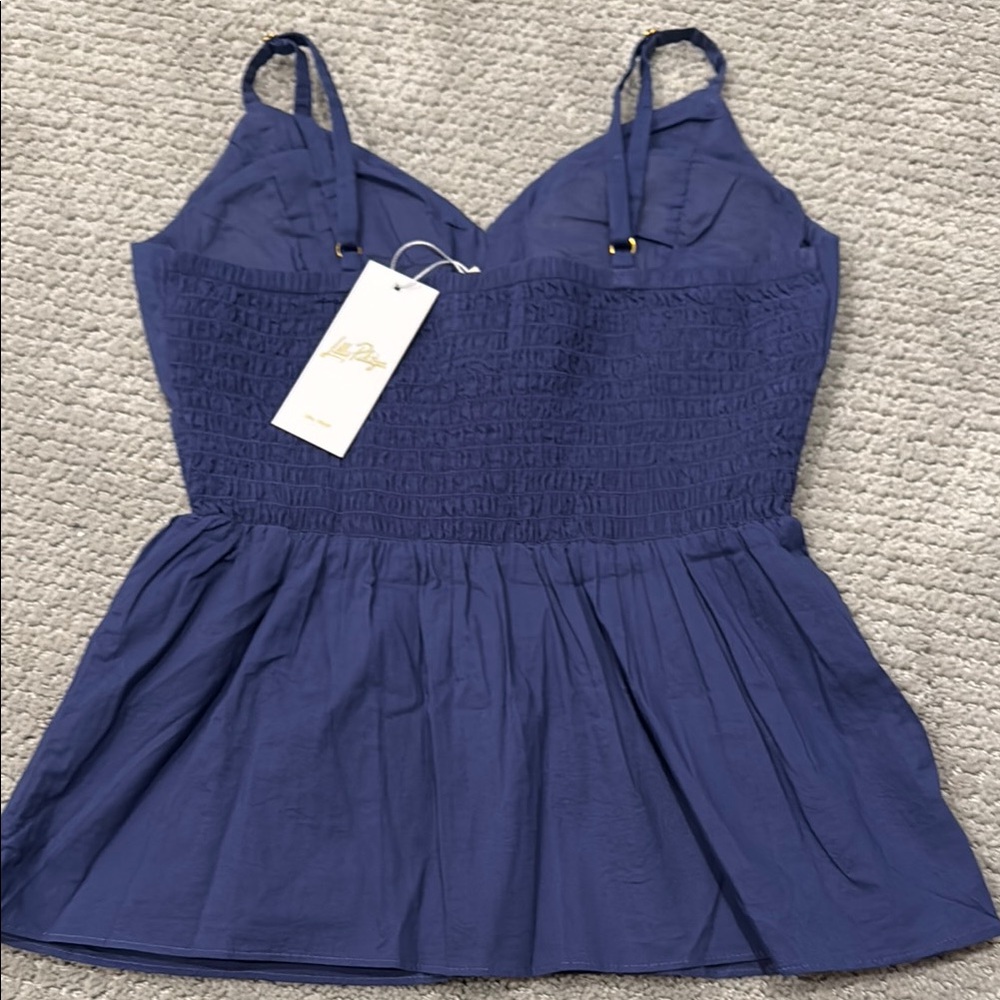 Blue and White Smocked Camisole with Embellished Trim - Picture 2 of 4